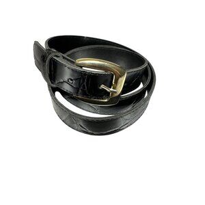 Womens Black Faux Croc Leather Belt With Gold Buckle